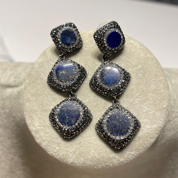 Jewelry - .925 STERLING DROP EARRINGS GENUINE NATURAL KALSEDON GEMSTONE SWAROFSKI CRYSTALS